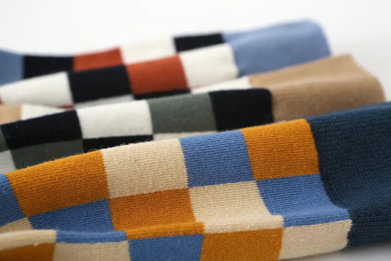 5 Pairs Mens Colourful Grid Casual Combed Cotton Socks