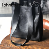 Johnature Leisure Women Big Bag 2022 New Genuine Leather Wide Belt Bucket Bag Soft First Layer Cowhide Versatile Shoulder Bag