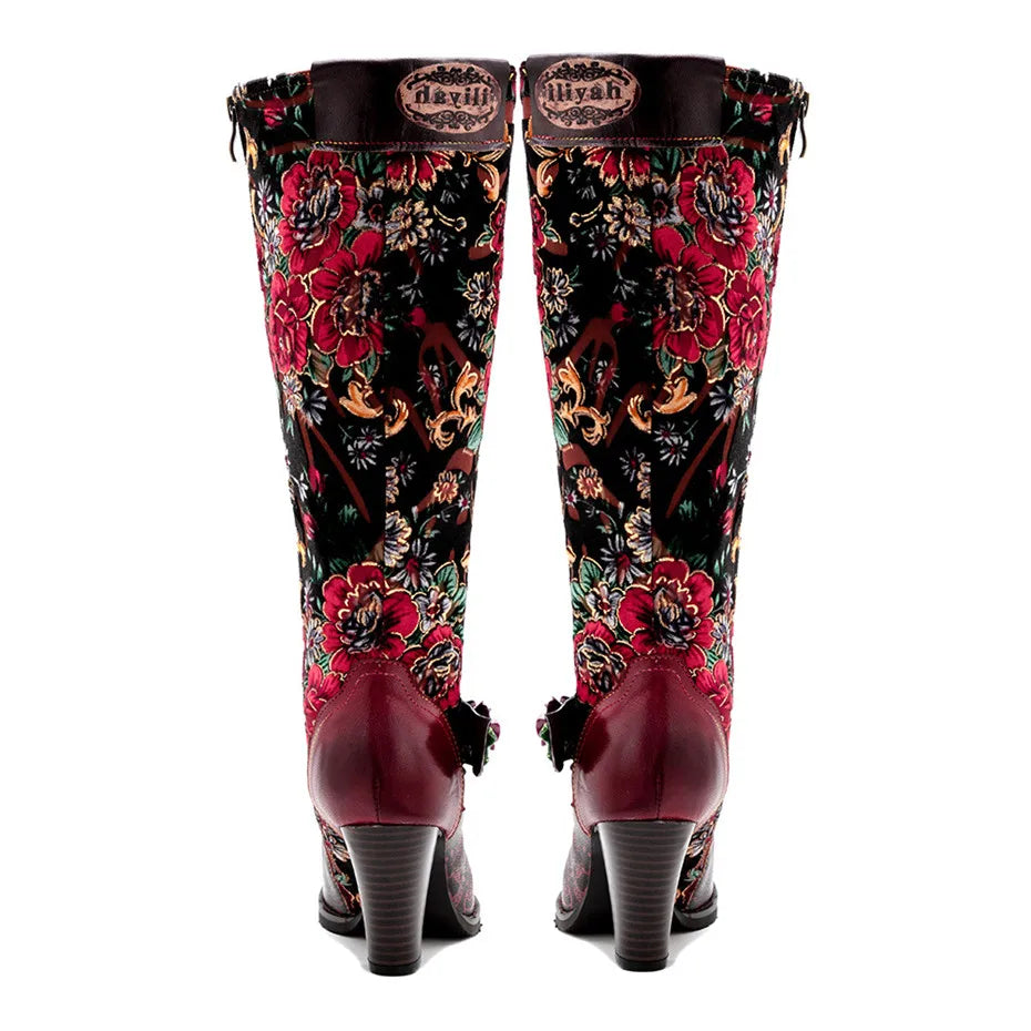 Autumn Winter Distressed Retro Women Riding Boots Three-Dimensional Flower Warmth Women High Heels Knee-High Zipper Boots Shoes