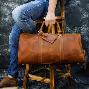 Mens Thick Crazy Horse Leather Travel Bag 20" Cow Leather Duffel Travel Bag Vintage Genuine Leather Luggage Tote Messenger Bag