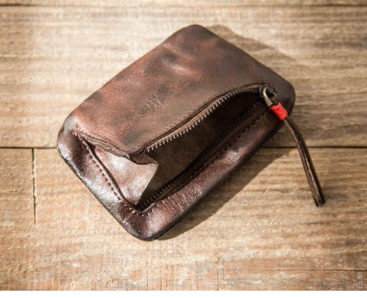 Leather Coin Purse Men's Small Wallet Driving License Card Bag Women's Casual Ultra-thin Zipper Pouch Retro First Layer Leather