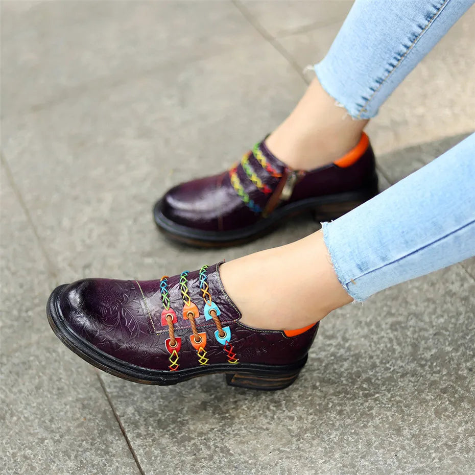 British Slip On Brogues Flat Loafers Retro Chaussures Femme Vintage Oxford Shoes For Women Genuine Leather Flat Heel Shoes Woman