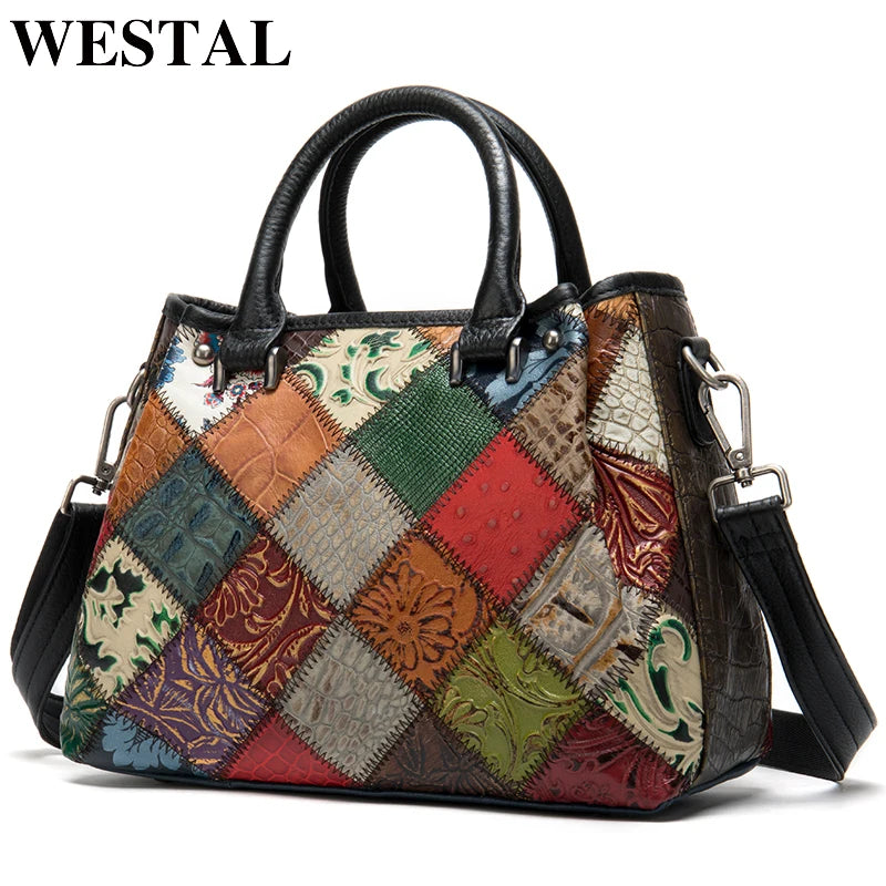 WESTAL Women's Genuine Leather Handbag Large Bag for Women's Shoulder Bags Patchwork Designer Leather Bag Women Totes Bags 203