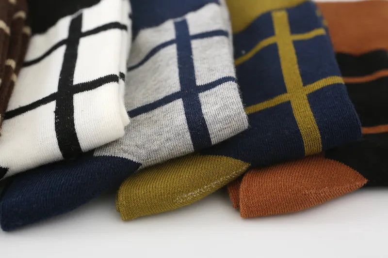 5 Pairs Mens Colourful Grid Casual Combed Cotton Socks