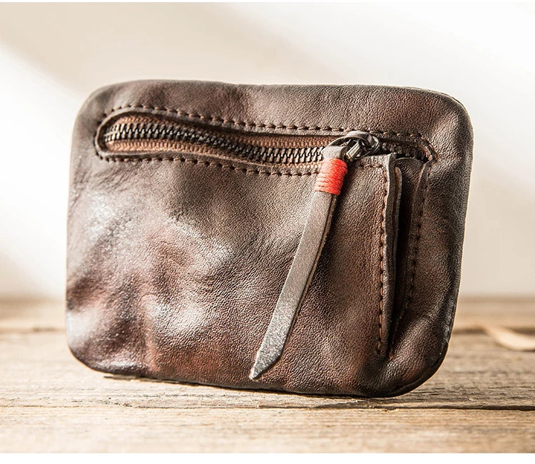 Leather Coin Purse Men's Small Wallet Driving License Card Bag Women's Casual Ultra-thin Zipper Pouch Retro First Layer Leather