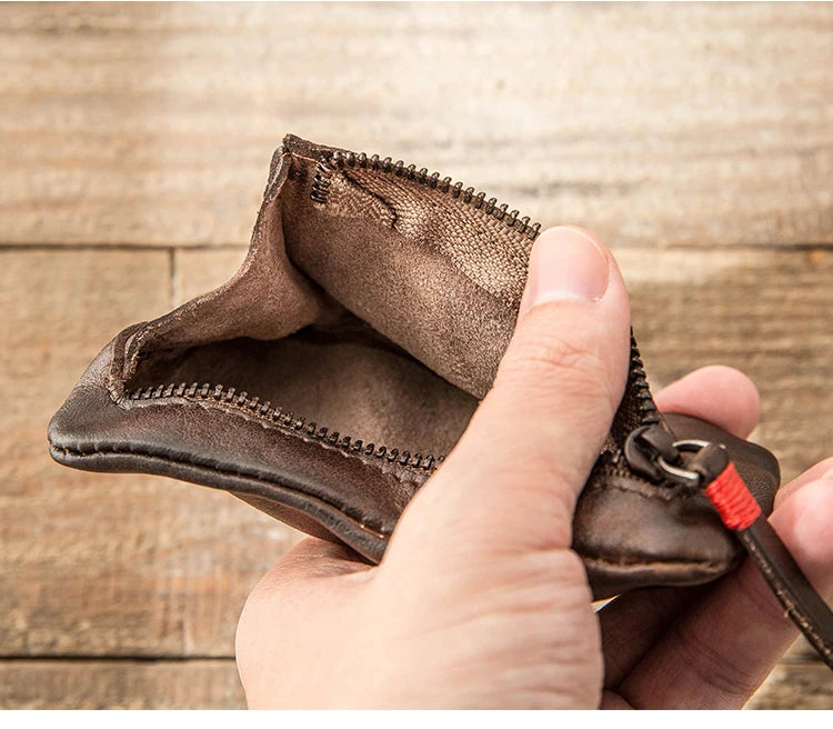 Leather Coin Purse Men's Small Wallet Driving License Card Bag Women's Casual Ultra-thin Zipper Pouch Retro First Layer Leather