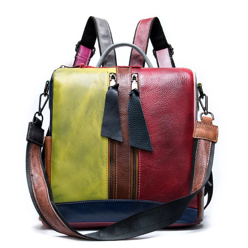 High Fashion Woman Backpack Genuine Leather Patchwork Travelling Bagpack Cow Leather Girls School Backpack Female Daypack