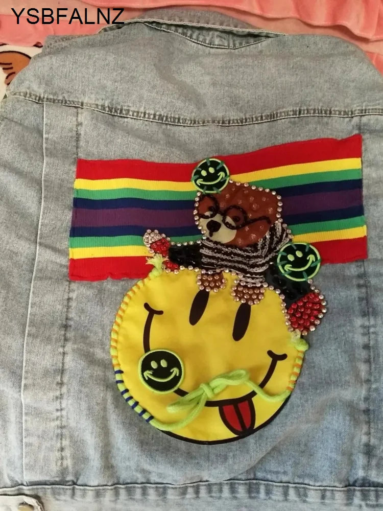 Fashion Brand Cartoon Floral-Print Beaded Rhinestone Denim Jacket Women's Loose Lapel Knitted Stitching Long Sleeve Jeans Coat