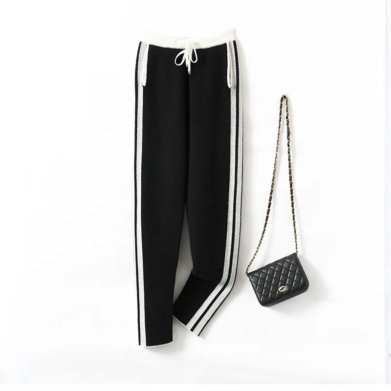 BELIARST 2023 Autumn Winter Thickened Women's High Waist Small Leggings Fashion Color Contrast Knitted Pants 100% Merino Wool