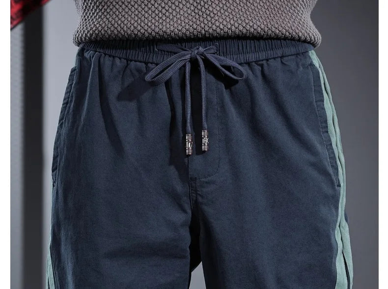 Fashion Side Stripe Pants Men Sport Casual Blue Cotton Elastic Waist Drawstring Jogging Trousers