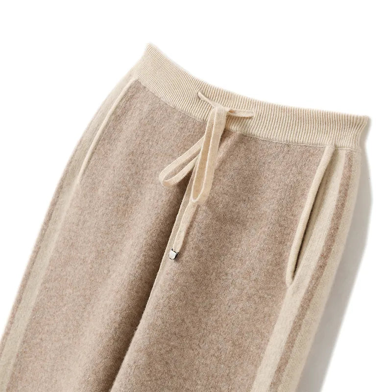 BELIARST 2023 Autumn Winter Thickened Women's High Waist Small Leggings Fashion Color Contrast Knitted Pants 100% Merino Wool