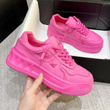 Genuine Leather 5cm Rose Pink White Women Sneakers