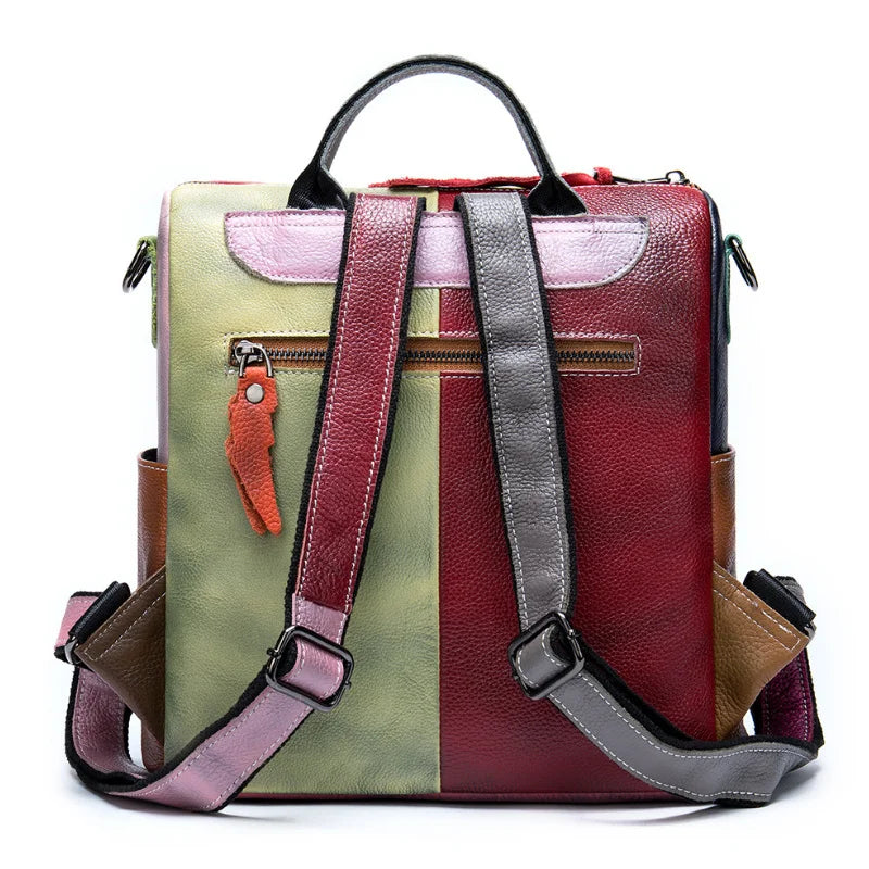 High Fashion Woman Backpack Genuine Leather Patchwork Travelling Bagpack Cow Leather Girls School Backpack Female Daypack