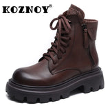 Koznoy 5.5cm Winter Plush Cow Genuine Leather Spring Autumn Ethnic ZIP Platform Ankle Motorcycle Boots Woman British Warm Shoes