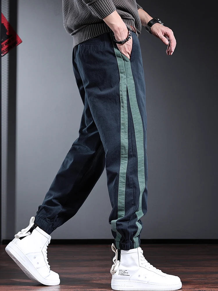 Fashion Side Stripe Pants Men Sport Casual Blue Cotton Elastic Waist Drawstring Jogging Trousers