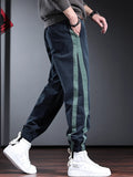 Fashion Side Stripe Pants Men Sport Casual Blue Cotton Elastic Waist Drawstring Jogging Trousers