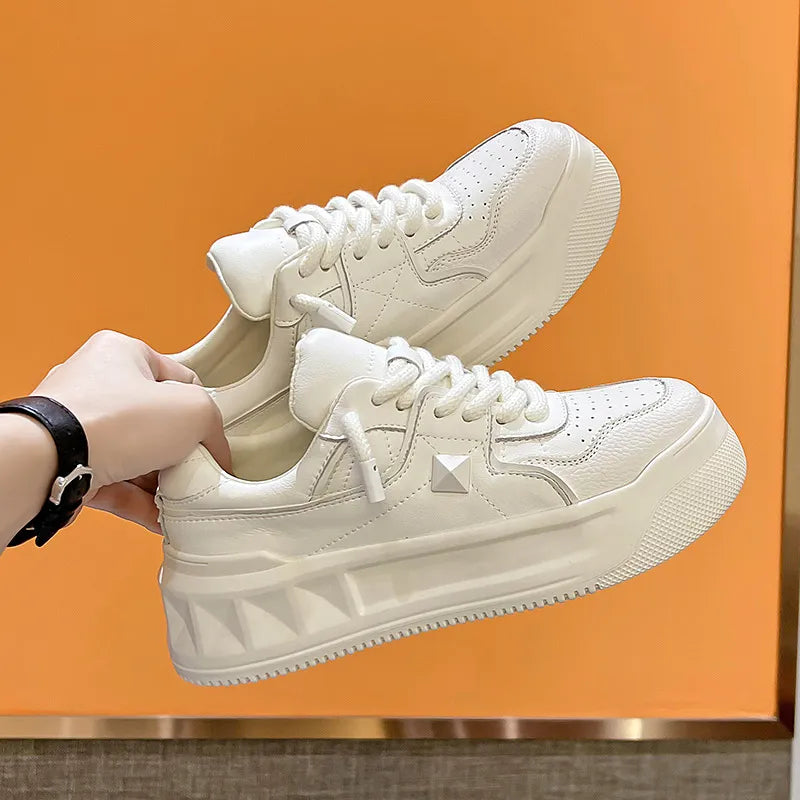 Genuine Leather 5cm Rose Pink White Women Sneakers