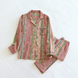 Vintage Wash Knitted Cotton 2PCS Print Pajamas Suit Womens 2023 Spring Autumn Nightwear Turn Down Collar Sleepwear Set