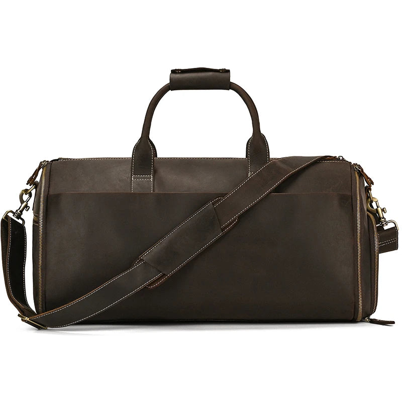 Genuine Leather Travel Duffle Bag With Shoe Pocket
