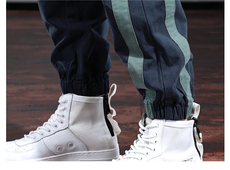 Fashion Side Stripe Pants Men Sport Casual Blue Cotton Elastic Waist Drawstring Jogging Trousers