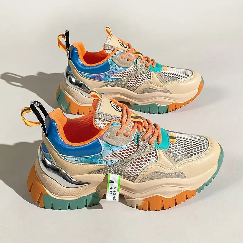 Color-blocking Platform Shoes Women's 2022 Spring and Summer New Hollowed-out Breathable Mesh Heightening Sneakers Women Tenis