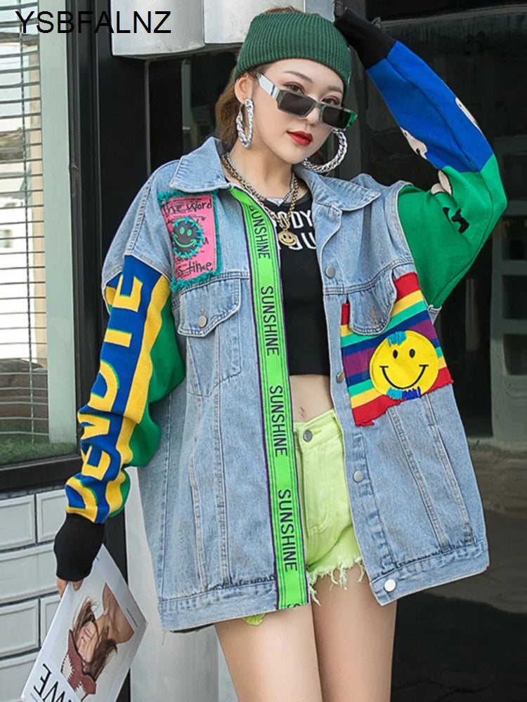 Fashion Brand Cartoon Floral-Print Beaded Rhinestone Denim Jacket Women's Loose Lapel Knitted Stitching Long Sleeve Jeans Coat