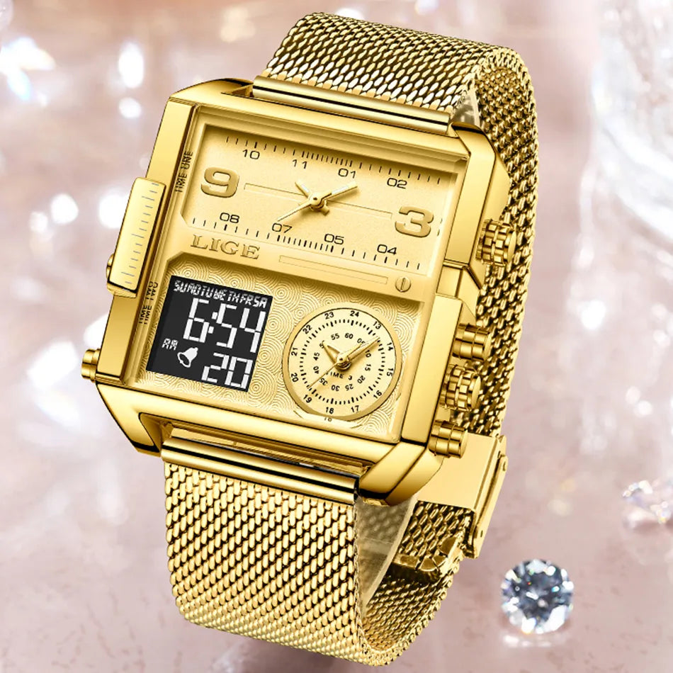 LIGE 2023 New Gold Watch Women Top Brand Luxury Creative Square Watches Ladies Fashion Dual Display Watch Relogio Feminino+BOX