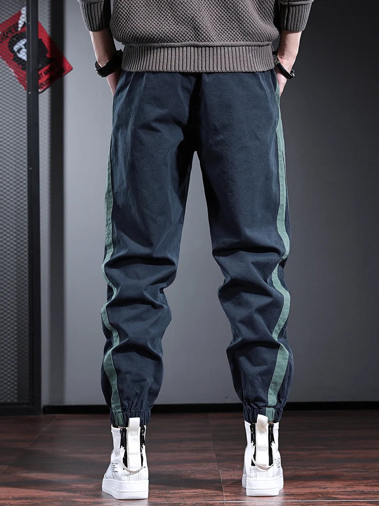 Fashion Side Stripe Pants Men Sport Casual Blue Cotton Elastic Waist Drawstring Jogging Trousers