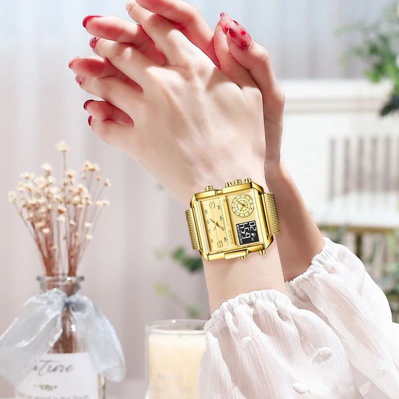 LIGE 2023 New Gold Watch Women Top Brand Luxury Creative Square Watches Ladies Fashion Dual Display Watch Relogio Feminino+BOX