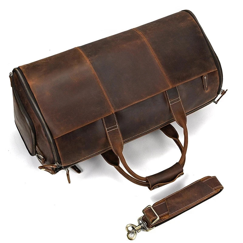 Genuine Leather Travel Duffle Bag With Shoe Pocket