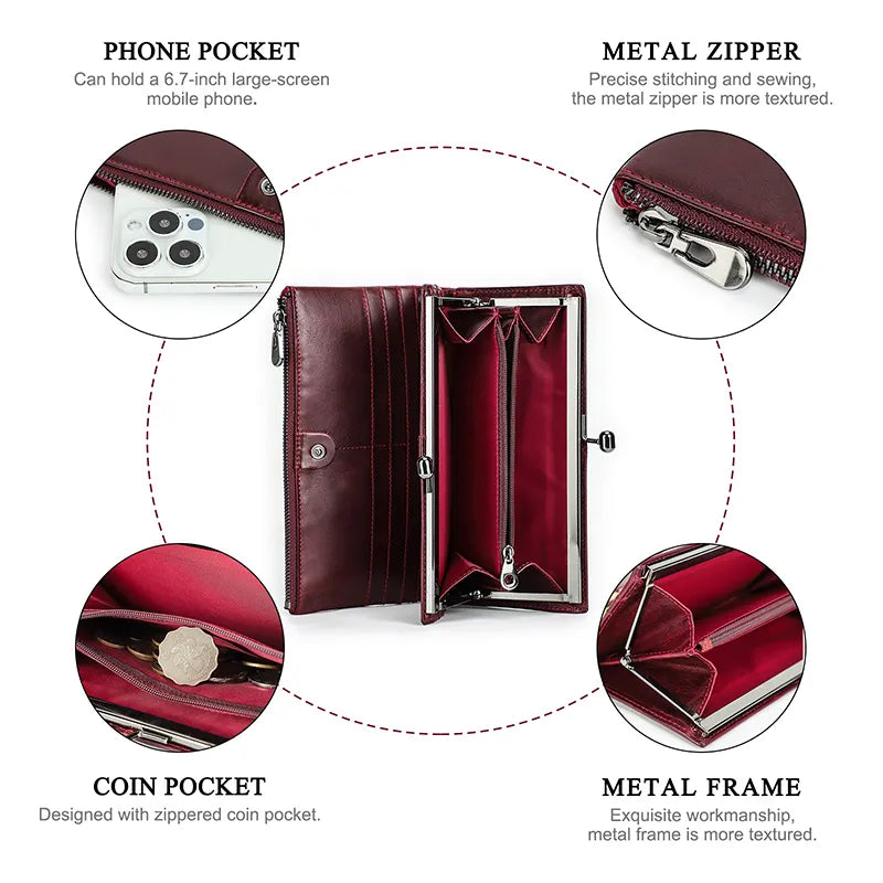 Soft Genuine Leather Metal Frame Long Wallet Women