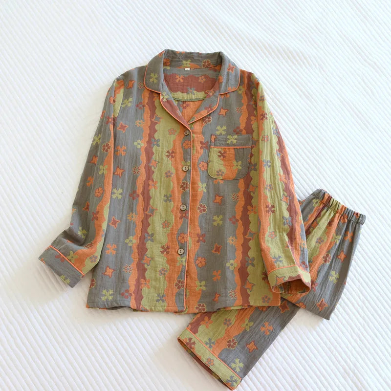 Vintage Wash Knitted Cotton 2PCS Print Pajamas Suit Womens 2023 Spring Autumn Nightwear Turn Down Collar Sleepwear Set