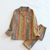 Vintage Wash Knitted Cotton 2PCS Print Pajamas Suit Womens 2023 Spring Autumn Nightwear Turn Down Collar Sleepwear Set