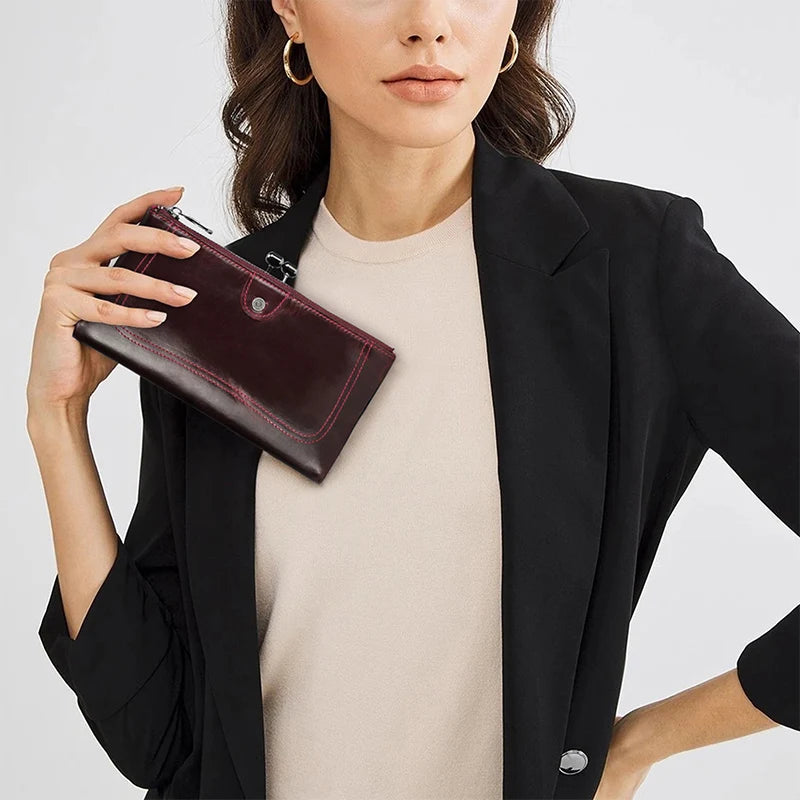 Soft Genuine Leather Metal Frame Long Wallet Women