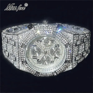 Fashion Brand MISSFOX Luxury Watches Men Automatic Date Waterproof Quartz Clock Hip Hop Iced Diamond Jewelry WristWatch Man 2023