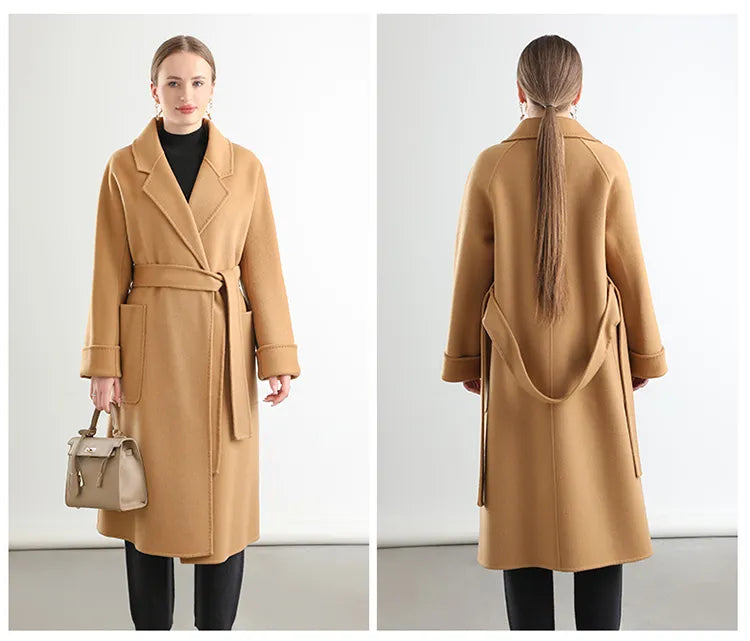 Real Wool Long Belt Warp Women Overcoat Classic Coat