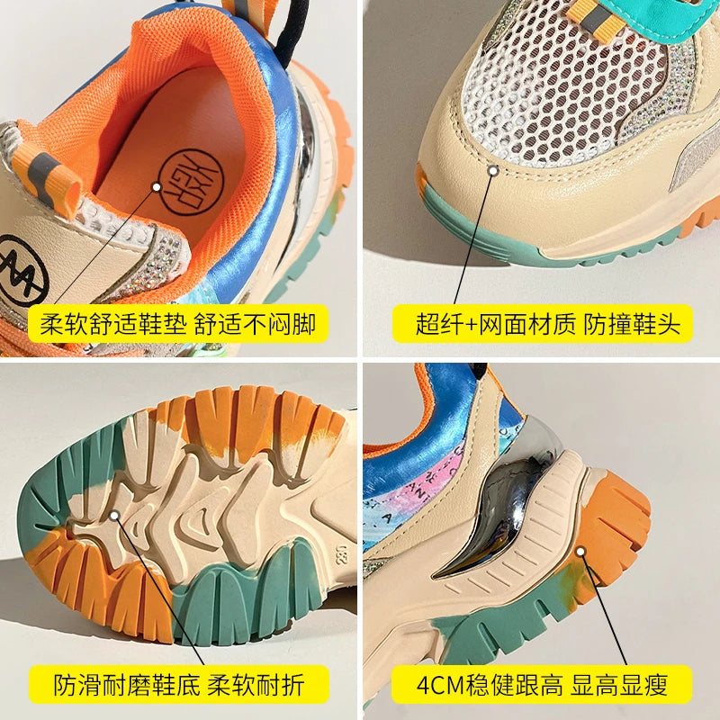 Color-blocking Platform Shoes Women's 2022 Spring and Summer New Hollowed-out Breathable Mesh Heightening Sneakers Women Tenis