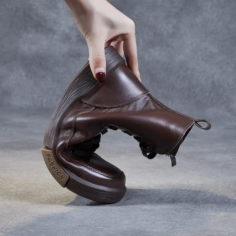 DRKANOL Women Genuine Leather Short Boots Round Toe Genuine Leather Handmade Retro Street Style Winter Warm Flats Ankle Boots