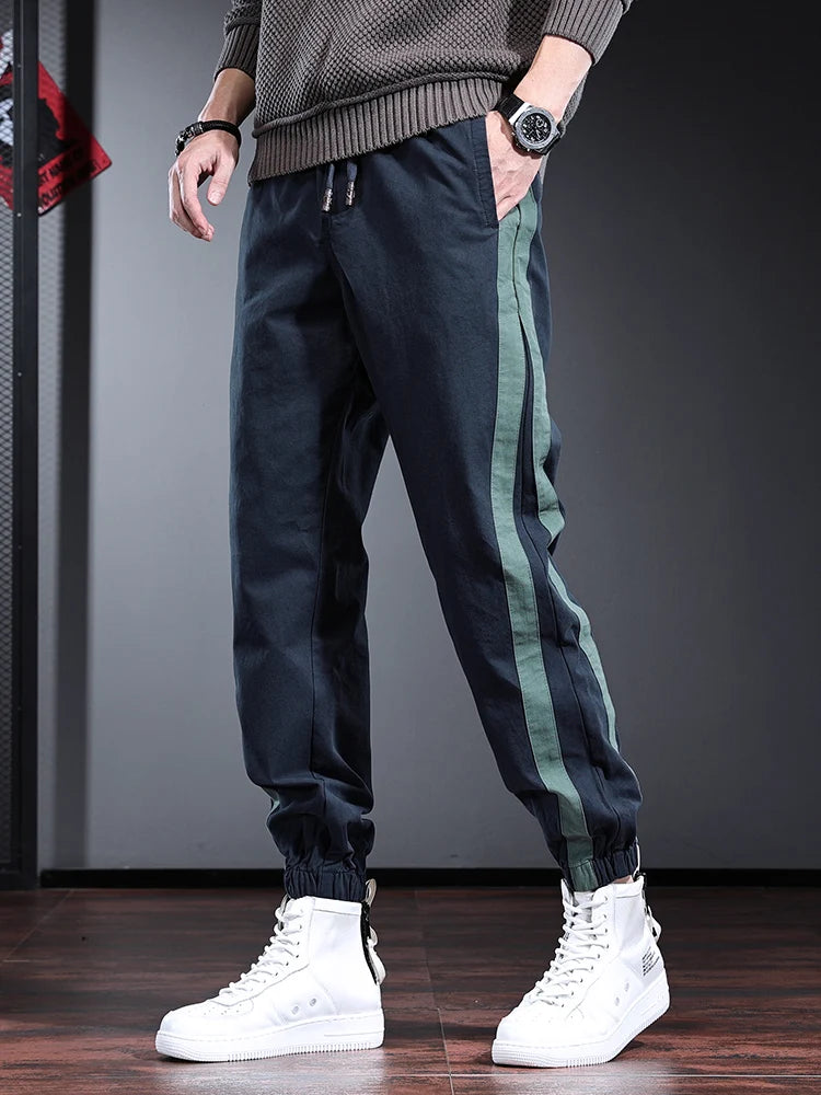 Fashion Side Stripe Pants Men Sport Casual Blue Cotton Elastic Waist Drawstring Jogging Trousers