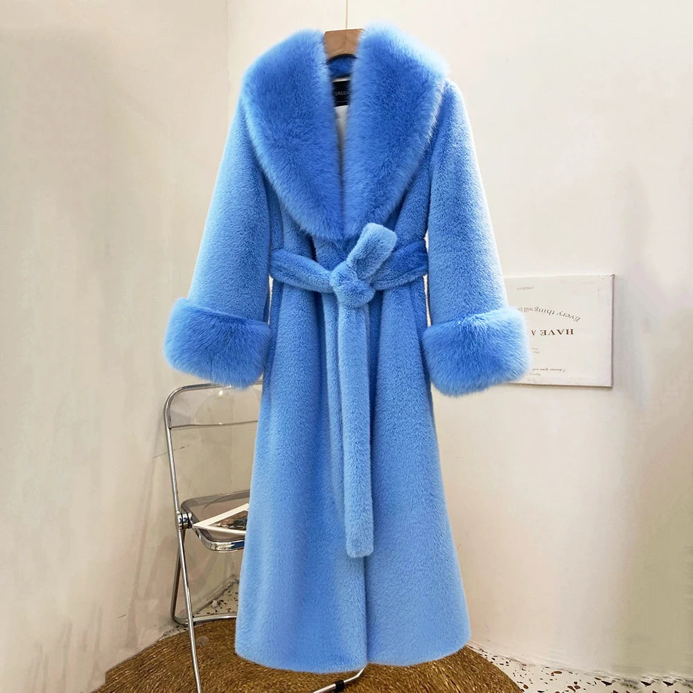 Mink Coats Women Winter Fur New Clothing Thick Long Coat Fox Fur Collar 6XL Large Size White Coat