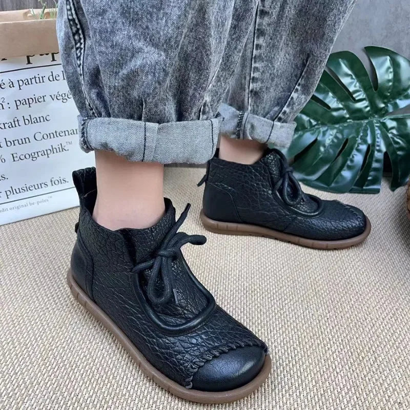 Koznoy 3cm Cow Genuine Autumn Shoes Spring Comfy Ergonomic Booties Flats Leisure Loafer Ankle Women Natural Leather Retro Boots