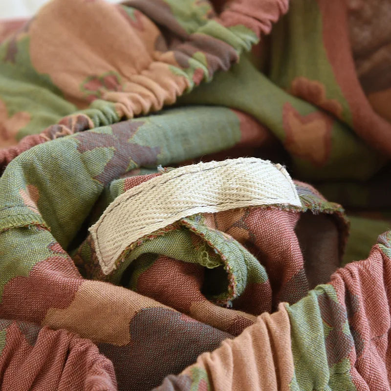 Vintage Wash Knitted Cotton 2PCS Print Pajamas Suit Womens 2023 Spring Autumn Nightwear Turn Down Collar Sleepwear Set