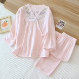 Women's Pajamas Gauze Cotton Loungewear Spring Summer V-Neck Sexy Sleepwear Embroidery Printed Trousers Pyjama Suit