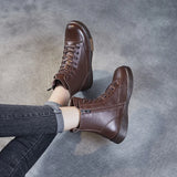 DRKANOL Women Genuine Leather Short Boots Round Toe Genuine Leather Handmade Retro Street Style Winter Warm Flats Ankle Boots