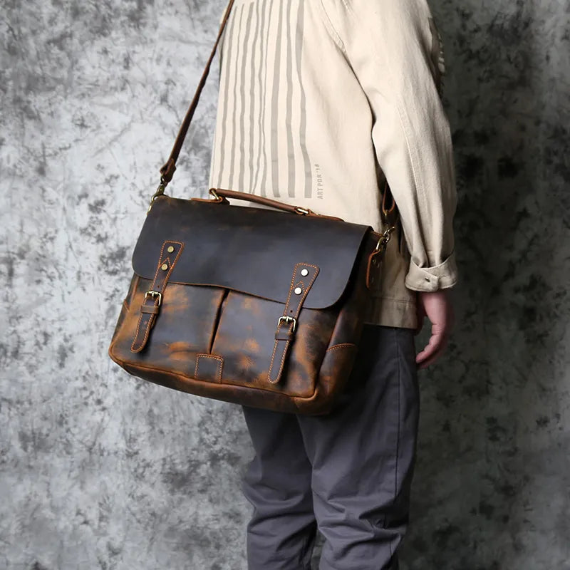 Retro Leather Men's Handbag Top Layer Leather Horizontal Computer Bag Crazy Horse Leather Men Casual Shoulder Messenger Bag NZPJ