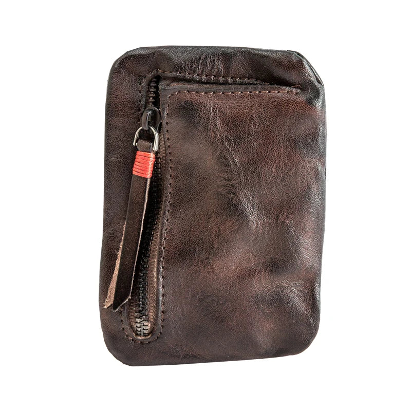Leather Coin Purse Men's Small Wallet Driving License Card Bag Women's Casual Ultra-thin Zipper Pouch Retro First Layer Leather