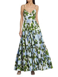 High-quality V-neck suspender dress 2023 summer new green hydrangea printed beach dress high waist big swing holiday cake skirt.
