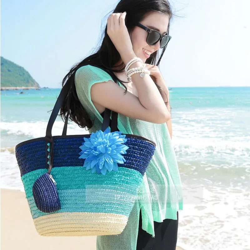 Summer Knitted Straw Bag Wheat Pole Weaving Women's Handbags Flower Bohemia Shoulder Bags Female Beach Bag Large Capacity Tote