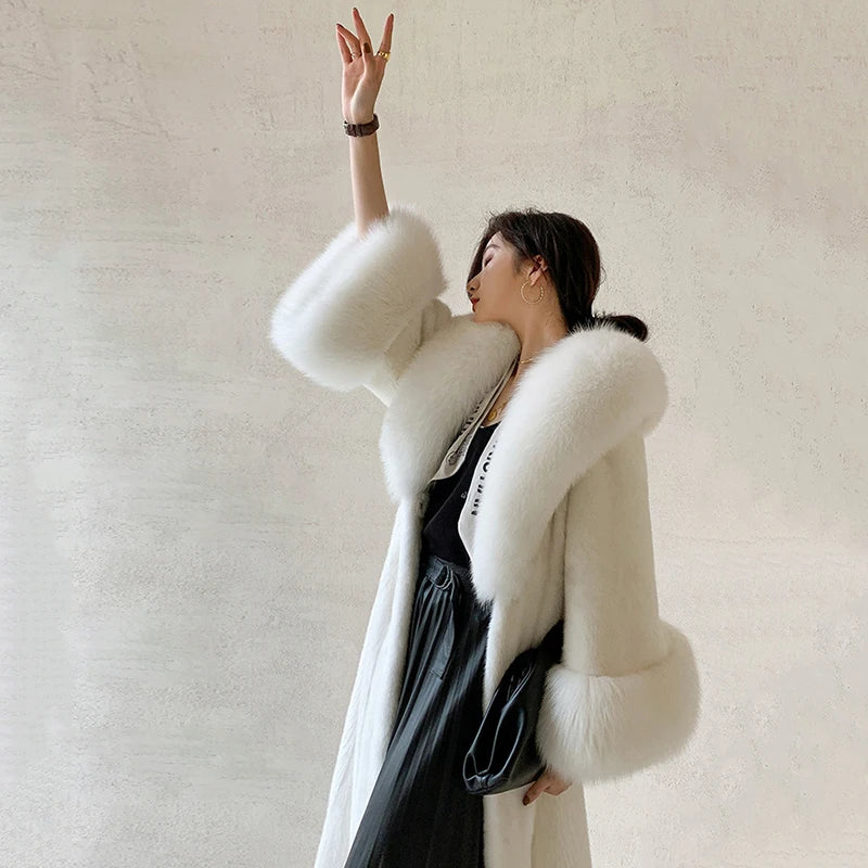 Mink Coats Women Winter Fur New Clothing Thick Long Coat Fox Fur Collar 6XL Large Size White Coat