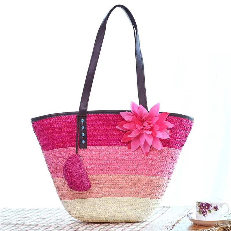 Summer Knitted Straw Bag Wheat Pole Weaving Women's Handbags Flower Bohemia Shoulder Bags Female Beach Bag Large Capacity Tote